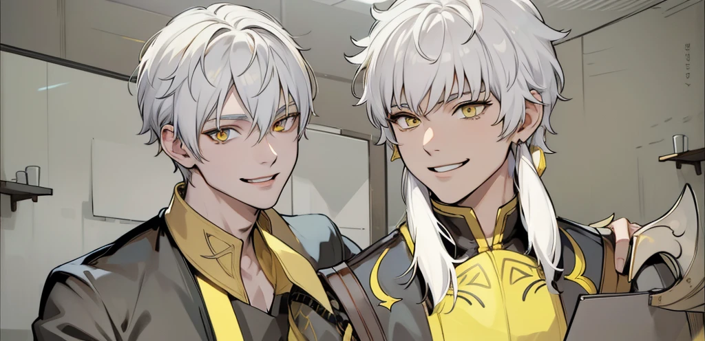 White hair, yellow eyes, black tunic, he is talking, smiling, they look at each other's faces with malice, they are 18 years old.