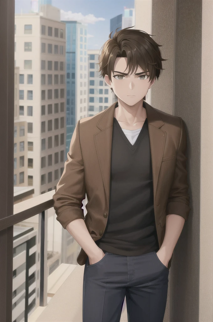 A young boy standing, Brown hair, light brown eyes, standing behind a city window, very attractive, with serious face. With a black shirt and a brown jacket.