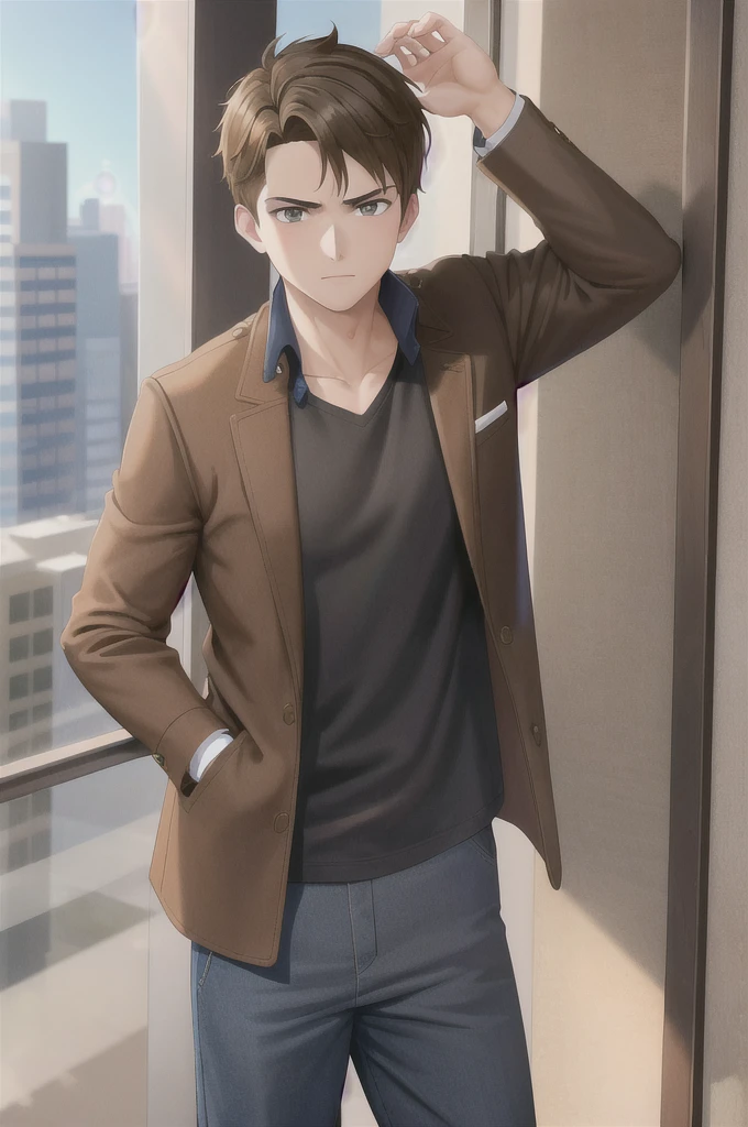 A young boy standing, Brown hair, light brown eyes, standing behind a city window, very attractive, with serious face. With a black shirt and a brown jacket.