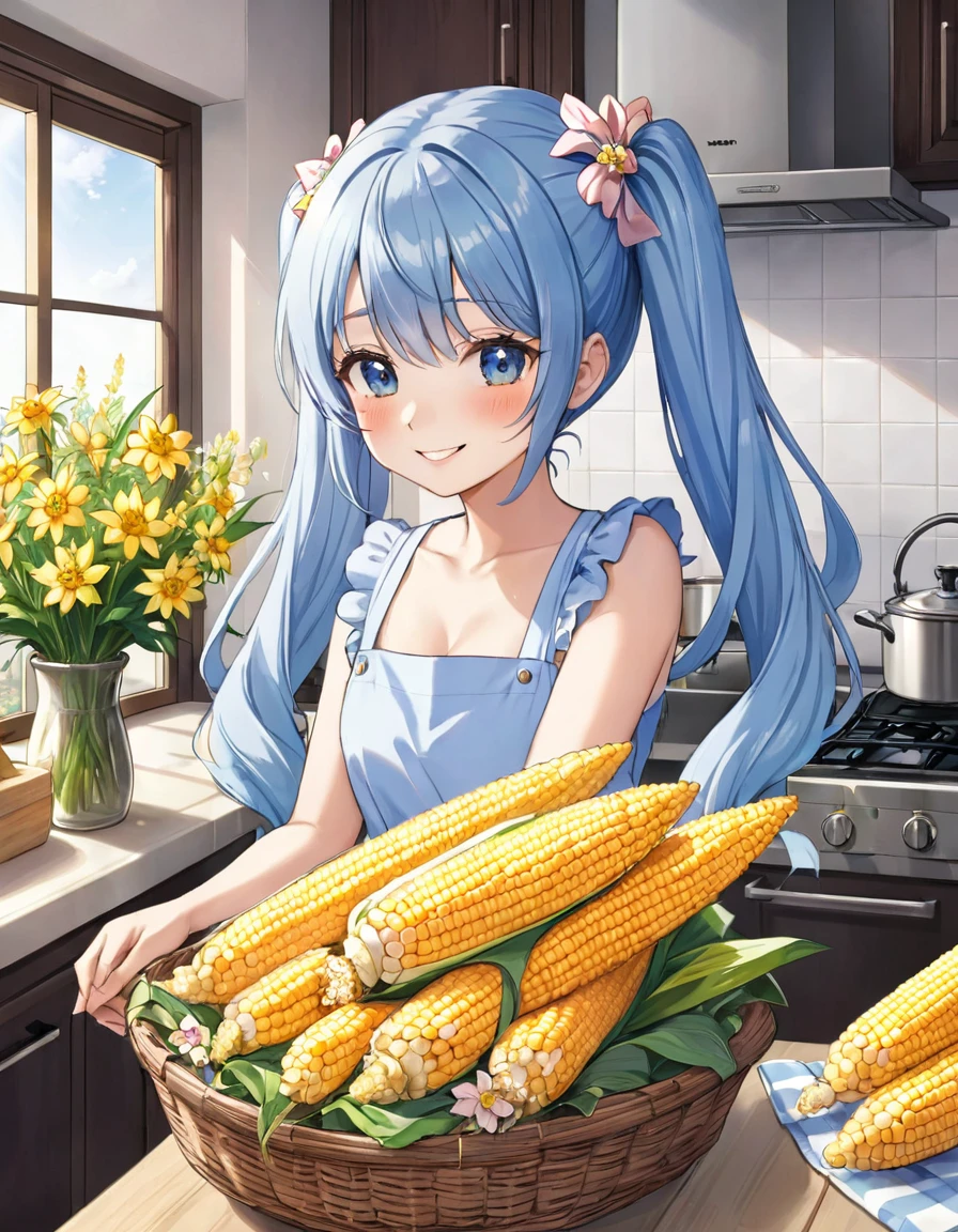 A kitchen decorated with lots of margaret flowers、Corn is piled in a basket、Light blue long hair、Beautiful girl with twin tails、Smiling while roasting corn、The girl has corn、Kitchen bathed in morning sun、A kitchen full of flowers