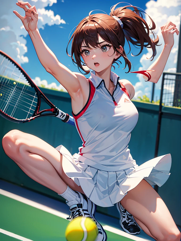 masterpiece, high-quality, a young woman, playing tennis, wearing tennis wear, throwing the ball up to serve, perfect face, perfect hands