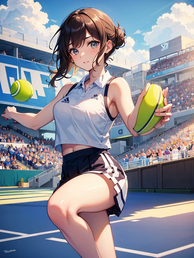 high quality,HD,16k,sharp lines,1 girl,Female tennis athlete ,cute face, large breasts, nice legs,At the tennis venue,focus girl,detailed beautiful face,detailed clothes,beautiful eyes,cool,dynamic angle