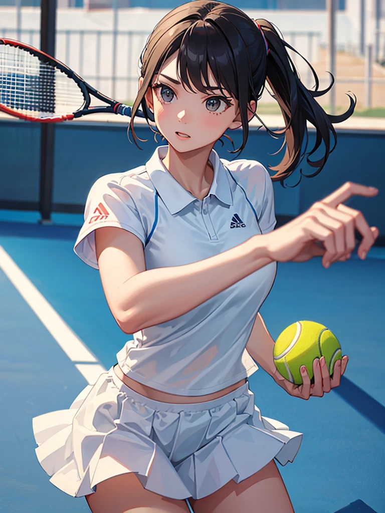 masterpiece, high-quality, a young woman, playing tennis, wearing tennis wear, throwing the ball up to serve, perfect face, perfect hands
