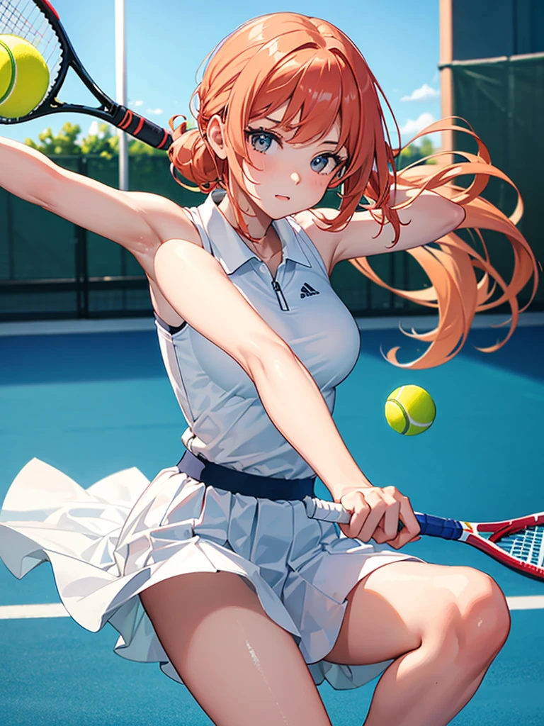masterpiece, high-quality, a young woman, playing tennis, wearing tennis wear, throwing the ball up to serve, perfect face, perfect hands