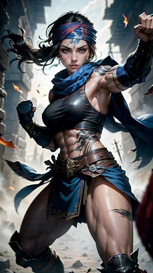 ((Highest quality、masterpiece、8K、Realistic、超High resolution:1.3、Very delicate and beautiful、High resolution))、Cinema Lighting、medium range shooting、Portraiture、Perfect female body、Opposition、Looking at the audience、((Fighter from another world、Toned Muscles、A well-trained body、Brown Skin、Sharp Eyes、Short black hair:1.3、Combat Bandana))、Ancient Tattoos、Strong Fist、Leather fighting gloves、Battle Scars、Light combat uniform、Agile movement、Ready to Battle、Powerful kick、Sturdy boots、Ancient techniques、Otherworldly background、A dusty arena、Sharp Claws、Battle Focus、Strong posture、Well-trained abs、Glowing Accessories、Warrior Nobility、Ancient Talisman、Combat Experience、Mysterious Aura、Ready for battle、Combining strength and skill、Hot fighting spirit。