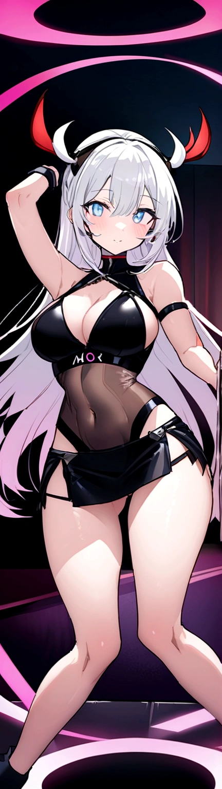 最high qualiy、best quality image、work of art、with a girl((cute、20 years old、Better bust、medium bust、bust 85,gorgeous blue eyes、Open your chest wide,long black hair、苗条、black sports bra、white short skirt,Show your whole body、Perforated black gloves、dance))high qualiy、linda arte、fund((club house、cyan lighting、Multiple purple laser dots、clube de fitness、natta、virtual)),tabletop、exquisite design、visual arts、Written limit depth、better lighting、higher detail、8k