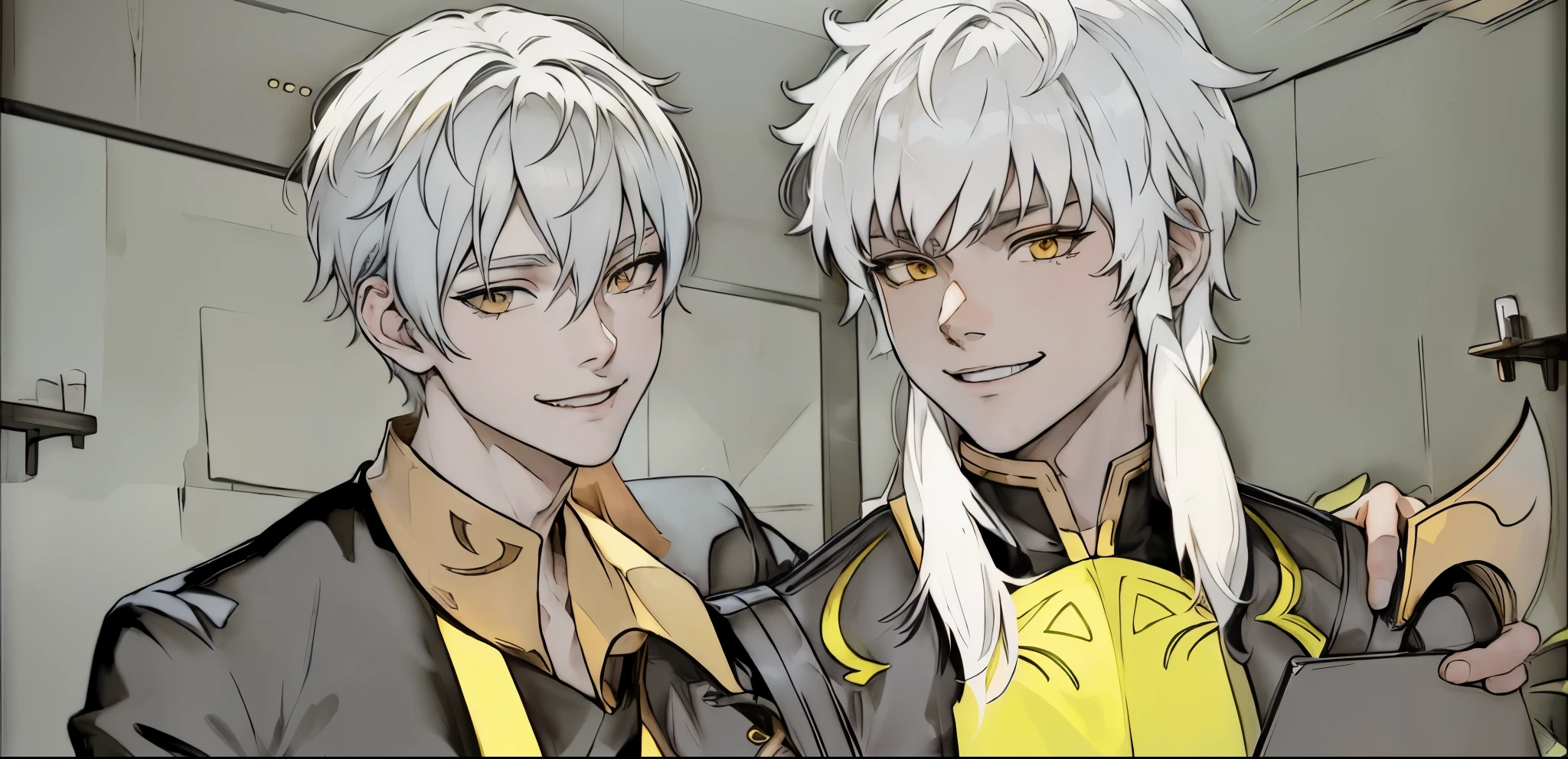 anime characters in a room with a laptop and a cell phone, Sirius A and Sirius B, hidari and vlop, petros and leonid, nixeu and sakimichan, two handsome anime men, with bright yellow eyes, handsome boys, jazza and rossdraws, highly detailed exquisite fanart, of frontline girls