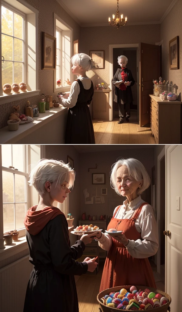 (anime, digital paint, kind-looking old woman appearing from a side room, white hair and red eyes, gentle smile, interior of the candy house, offering more sweets to 1 boy and 1 girl, warmly lit interior, subtle hints of something sinister in the background, walls made of gingerbread and candy, sweets and treats all around)