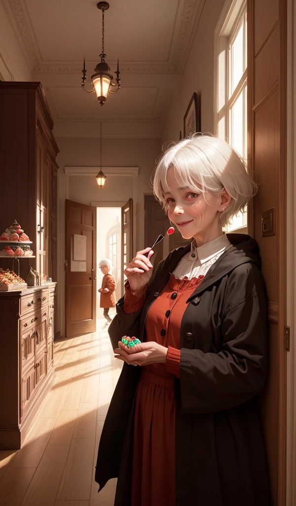 (anime, digital paint, kind-looking old woman appearing from a side room, white hair and red eyes, gentle smile, interior of the candy house, offering more sweets to 1 boy and 1 girl, warmly lit interior, subtle hints of something sinister in the background, walls made of gingerbread and candy, sweets and treats all around)