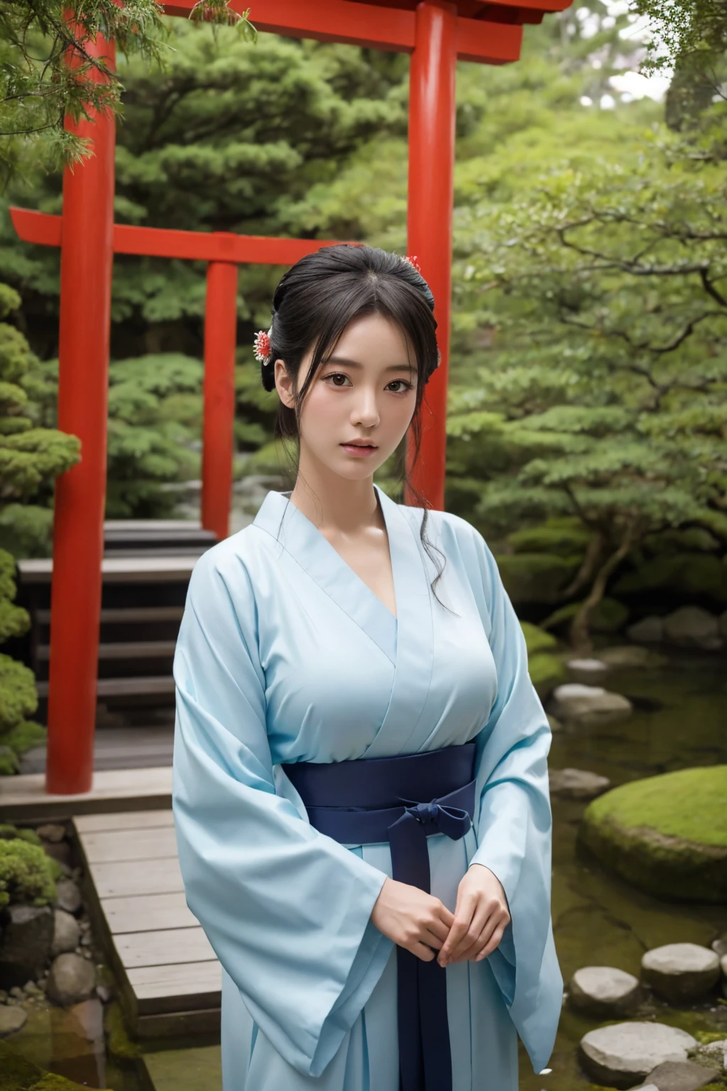 1 beautiful japanese shrine maiden in a japanese garden,extremely detailed face and eyes,extremely detailed skin,large breasts,looking at viewer,traditional japanese clothing,kimono,dark lighting,mystical,cinematic,photographic,hyper realistic,4k,high quality