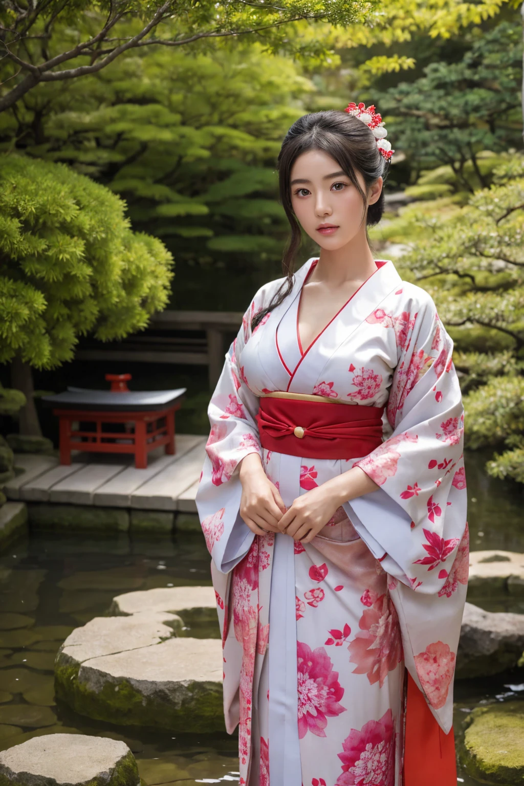 1 beautiful japanese shrine maiden in a japanese garden,extremely detailed face and eyes,extremely detailed skin,large breasts,looking at viewer,traditional japanese clothing,kimono,dark lighting,mystical,cinematic,photographic,hyper realistic,4k,high quality