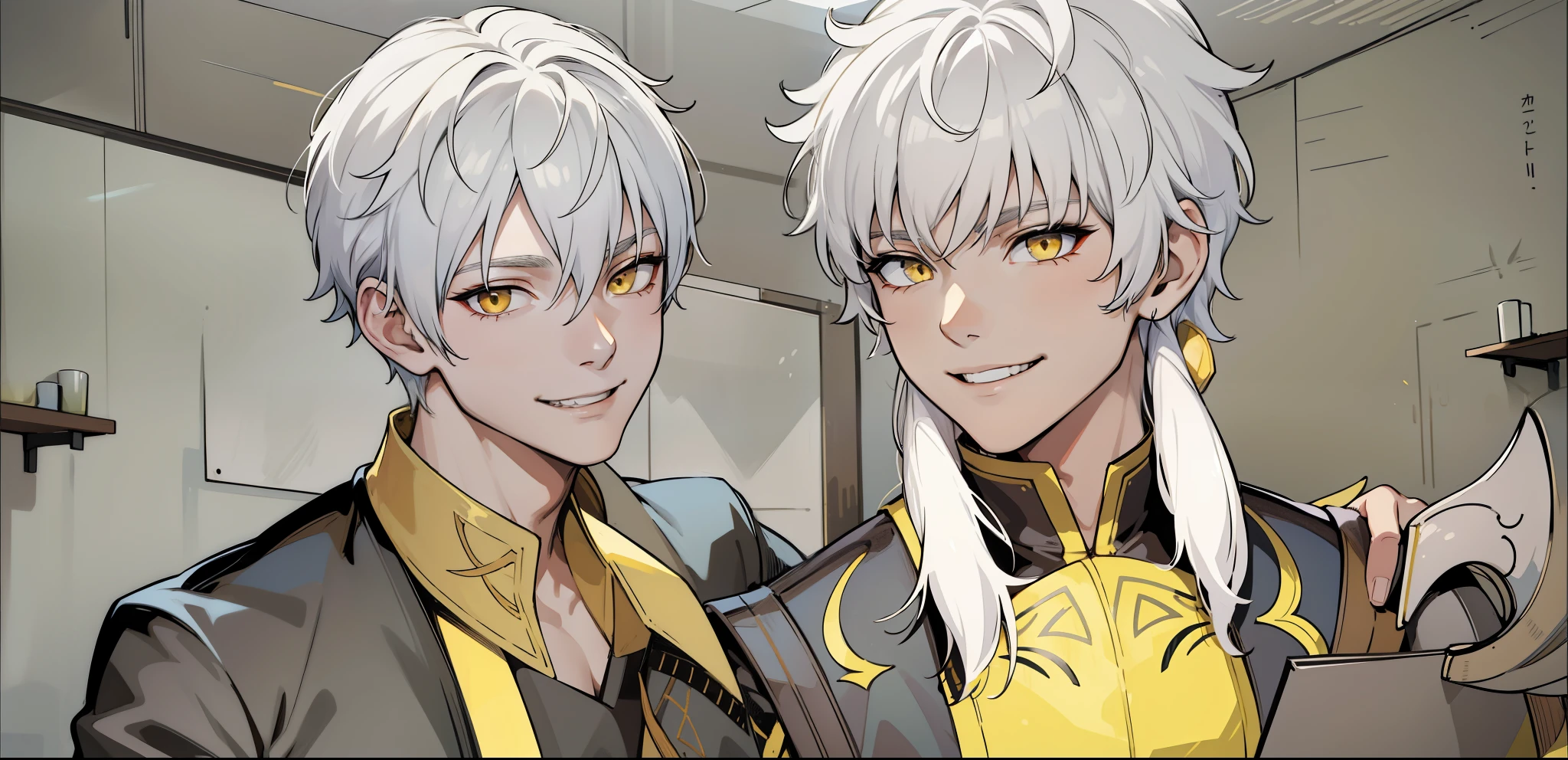White hair, yellow eyes, black tunic, he is talking, smiling, they look at each other's faces with malice, they are 18 years old.