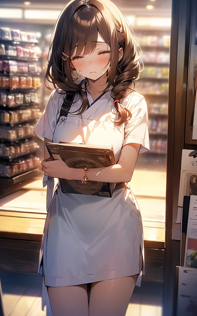 (nsfw:1.3),


(No sideburns),
(brown bob short bangs hair), (bob medium length hair), 
(put your hair up:0.2),
(Gorgeous, voluminous cabaret club girl hairstyle),
(brown 　Princess bangs), (brown hair), (bob medium length hair), (middle_length waved hair), (vertical roll medium length hair), (bangs hair),  

((Shaggy princess cut medium length  tied at the back waved hair),
put your hair up,

Masterpiece, high quality, High resolution, extremely detailed, cute with glowing white skin, eyelashes and cute dark-brown eyes, Jewelry Accessories Anime, gorgeous background-centered composition,
(Best quality, 32k, photos of cute Japanese women),
(Raw photo: 1.2),
(Background is indoors　Inside the store Adult shop　book store　DVD Shop　AV actress poster), 
(A pale light shines through), 
cool-lighting,


1girl and 1boy,
detailed face and breast,
17 years old,
tall,

(Schoolgirl short sleeve apron　uniform　mini skirt),


(Man&#39;s handが彼女の乳や尻やマンコを揉んでいる:1.2),
(Man&#39;s hand:1.3),
(close your eyes:1.3),
(Expressions of pain:1.4),

(Squirting),

(peek penis camelto pussy public hair),


(Close-up :1.3),

