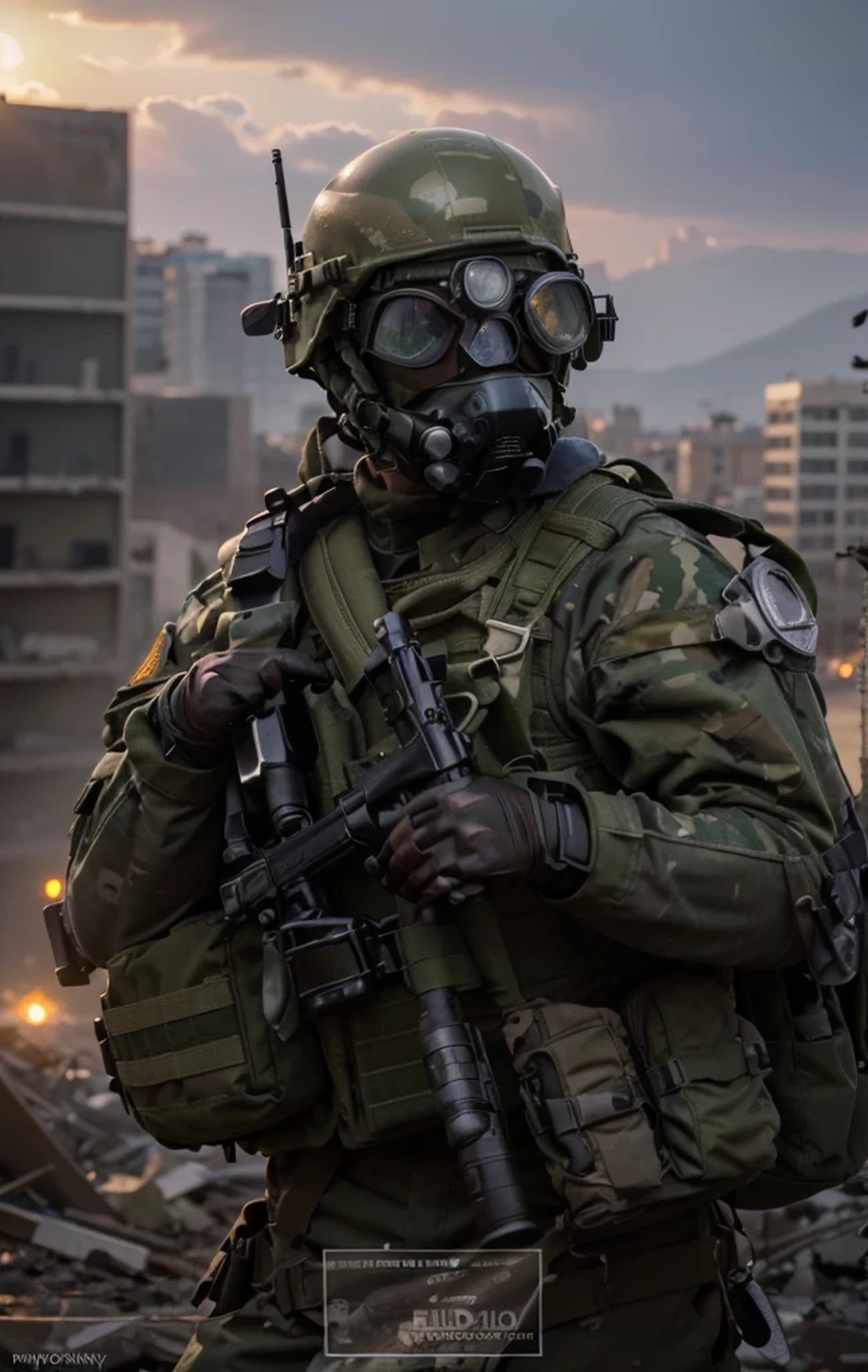 muscular male soldier, a fullface advanced gas mask and advanced night vision goggles, military helmet, green camouflage military uniform, bulletproof vest, armor on shoulders, belt with ammunition, holds a rifle, black gloves, he is outside a completely destroyed city , Fire, smoke, Ultra detailed, beautiful sunset, hyper realistic, 4k, Ultra detailed image, realistic, Highly detailed, perfect composition, beautiful, Intricately detailed, incredibly detailed, Art photography 8K, hyper detailed, Masterpiece, Ultra detailed, hyper realistic , 4k , Ultra detailed image , realistic , Highly detailed , perfect composition , beautiful , intricately detailed , incredibly detailed , 8k fine art photography , hyper detailed , Masterpiece