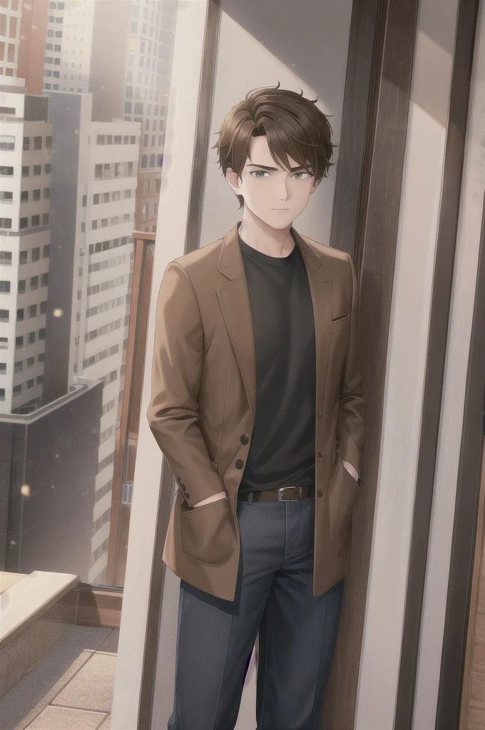 A young boy standing, Brown hair, light brown eyes, standing behind a city window, very attractive, with serious face. With a black shirt and a brown jacket.