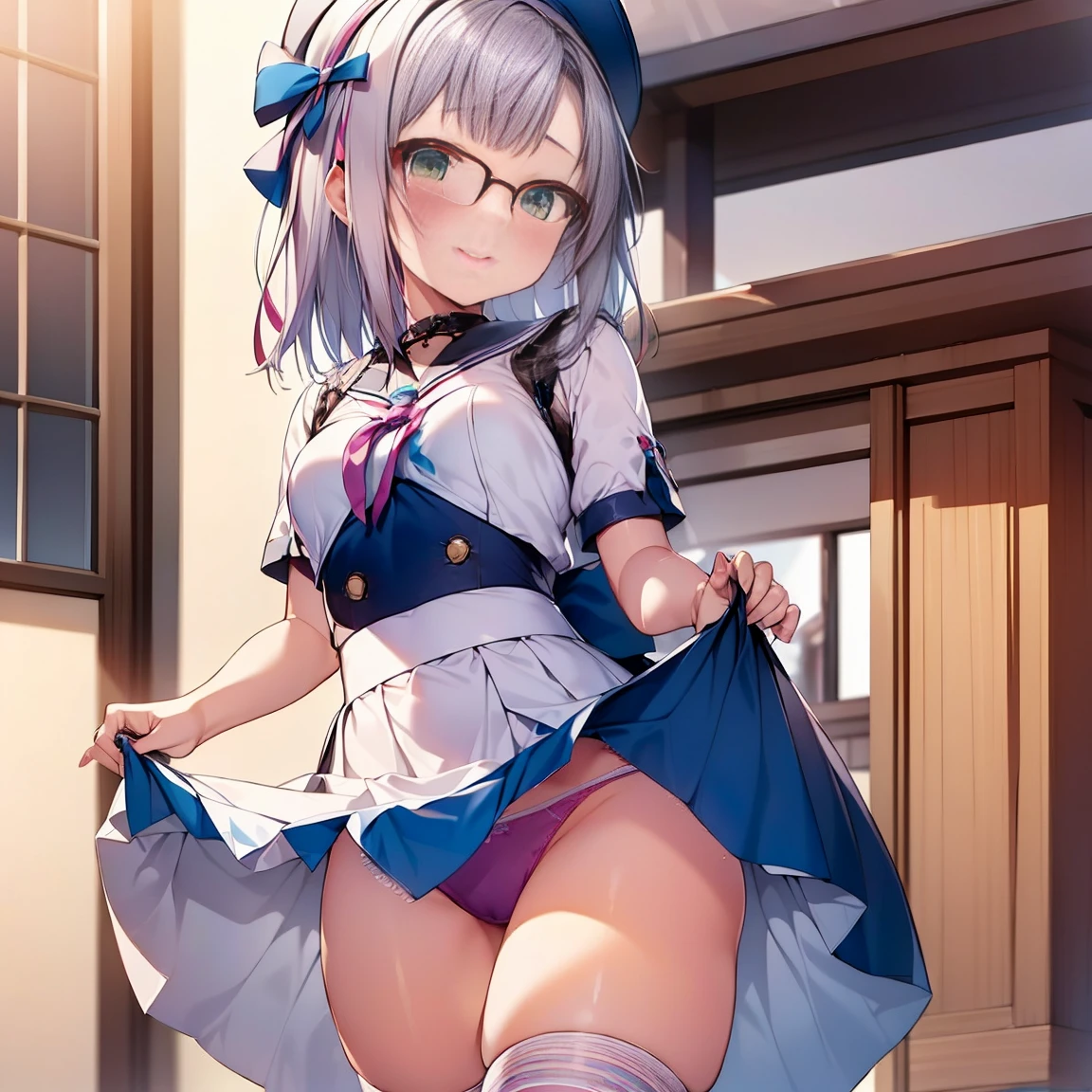 8K、masterpiece、Japanese、Woman wearing glasses、Neon(nod)、from the front、smile、Childish、Small breasts、See-through underwear、night、Bedroom、Show your underwear、mini skirt