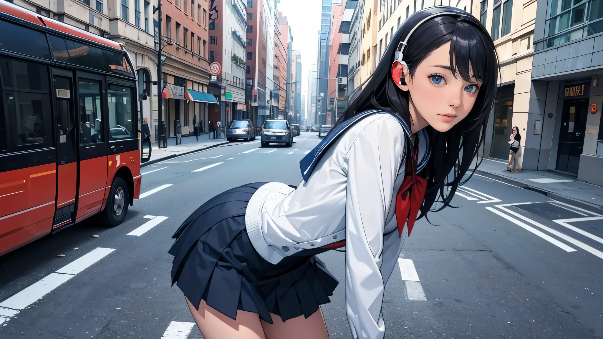ultra HD、super high quality、masterpiece、detailed、8K、The location is on a quiet city street、Schoolgirl1Person listening to music on headphones、-yeld hischool girl、The Russian has long black hair.、Has blue eyes、Has a glamorous figure、The clothes she's wearing are one-piece dresses.、Pretty sexy、Nostalgic and relaxing atmosphere、Midnight、Holding an umbrella、Rainy season、downpour、A business district lined with glittering neon buildings,evening、He has his hands on his headphones and his eyes closed、Retrospective color tone、A street with a retro atmosphere、evening、
