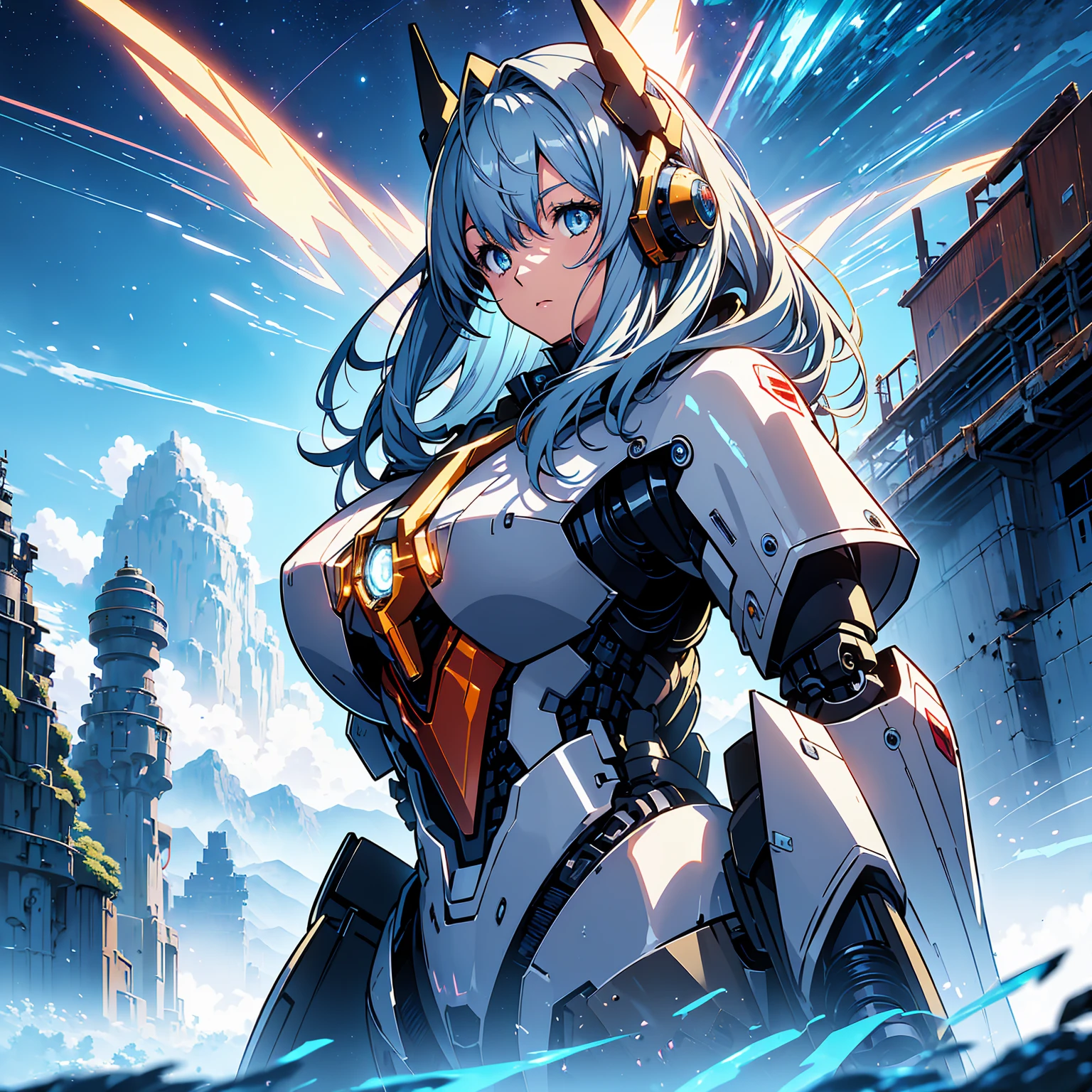 Anime, 2 characters, (1 teenage anime girl, silvery blue hair, bright blue star-shaped eyes); (1 Robot, Mech, Tall, Cape, Luminous Eyes, Rugged, Fantasy, Lights, outdated, old style, bronze silver), Nature, Biomes with mountains