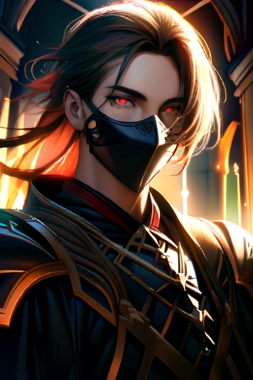(Absurdres, Intricate Details, Masterpiece, Best Quality, High Resolution, 8k), 1 male, thin, young, aged up, masked, finely detailed eyes and face, auburn low-fade hair, amber eyes, portrait, looking at viewer, solo, half shot, detailed background, (light fantasy theme:1.1), focusing, mercenary, sunshine, floating scraps, color plate armor, divine aura, bright realistic lighting, marble castle, intense atmosphere, circlet, coat of arms, brazier, , Depth of Field, VFX.