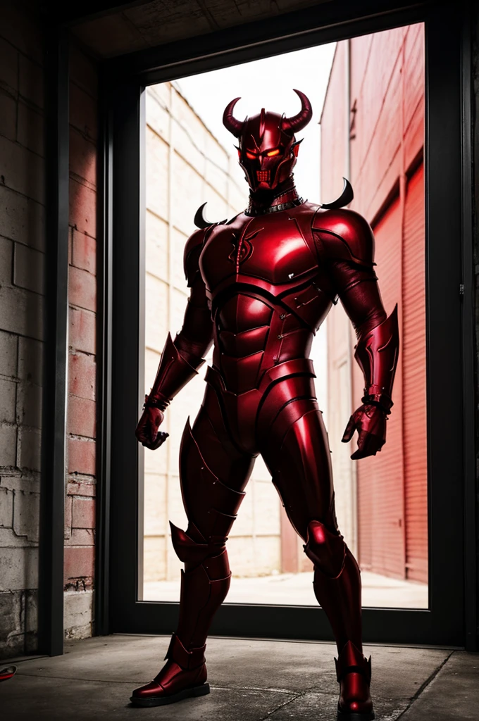 A demon made of metal, as big as 2 meters, a full body color of red to the point of being scarlet and with a gaze towards the entrance of a dark warehouse with obsessive desires towards his victim 