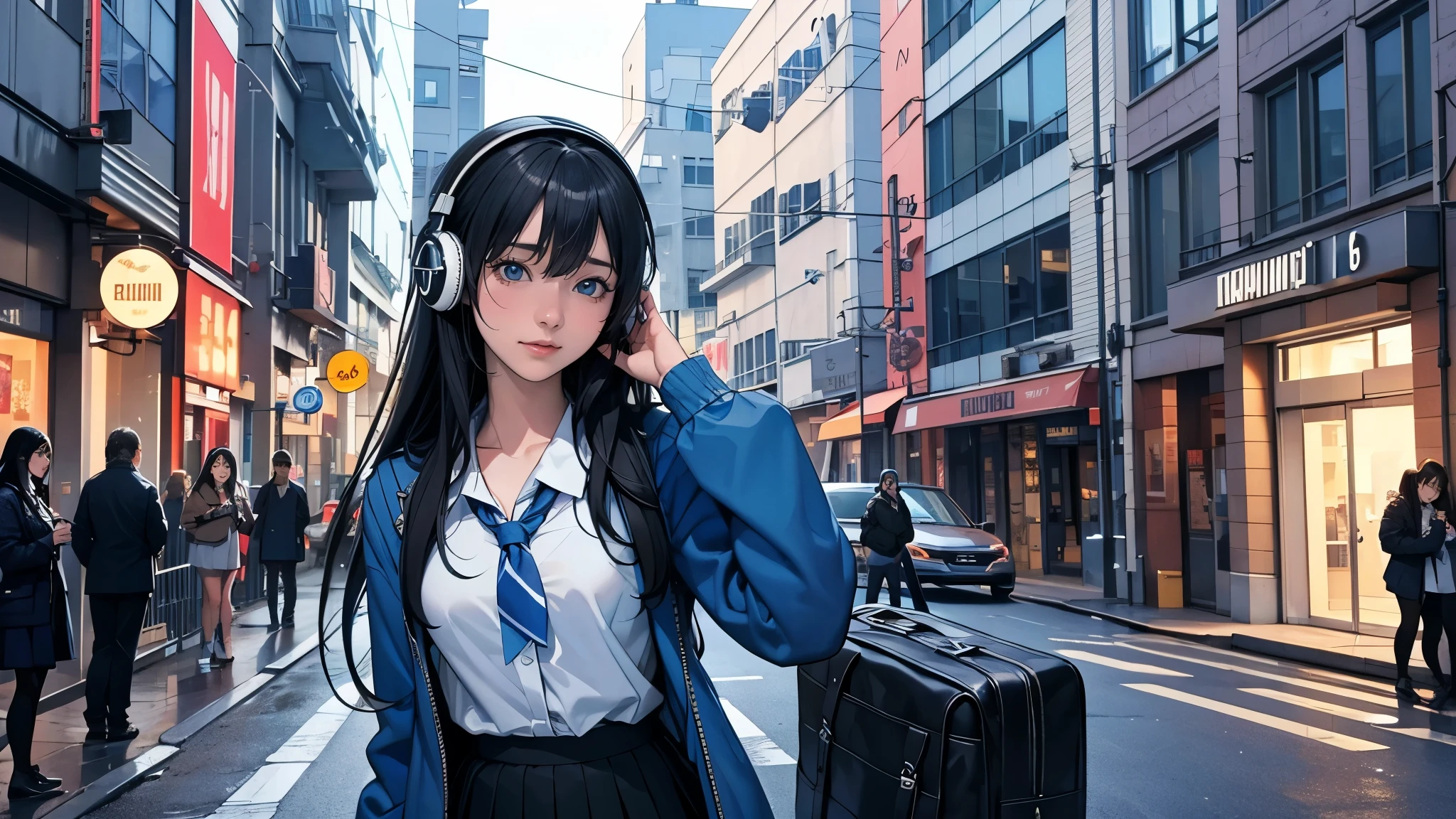 ultra HD、super high quality、masterpiece、detailed、8K、The location is on a quiet city street、Schoolgirl１Person listening to music on headphones、15-year-old high school girl、The Russian has long black hair.、Has blue eyes、Has a glamorous figure、The clothes she&#39;s wearing are one-piece dresses.、Pretty sexy、Nostalgic and relaxing atmosphere、Midnight、Holding an umbrella、Rainy season、downpour、A business district lined with glittering neon buildings,evening、He has his hands on his headphones and his eyes closed、Retrospective color tone、A street with a retro atmosphere、evening、
