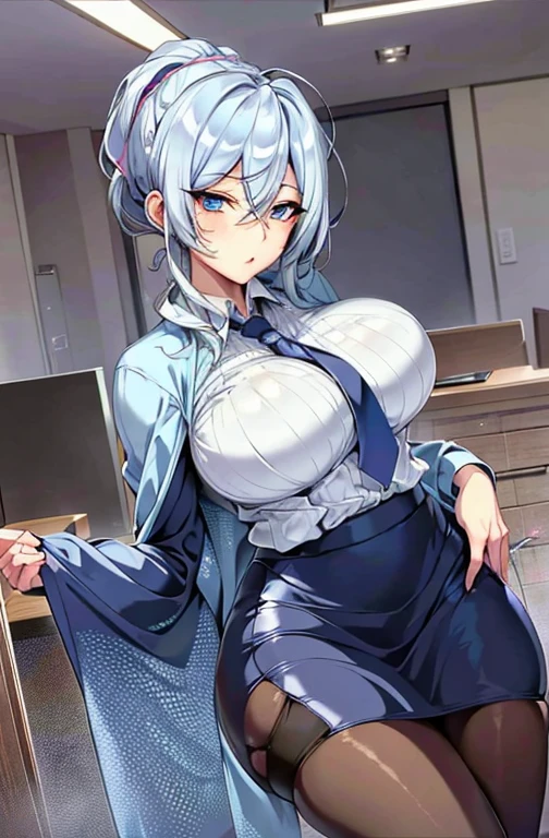 best quality, masterpiece), (((Full and soft breasts,)))(((Huge breasts))) (((Cleavage))) 1 Yukino, Silver Hair, blue eyes,  Garter, Pencil Skirt, Office female staff, tie, Collared shirt, Pantyhose