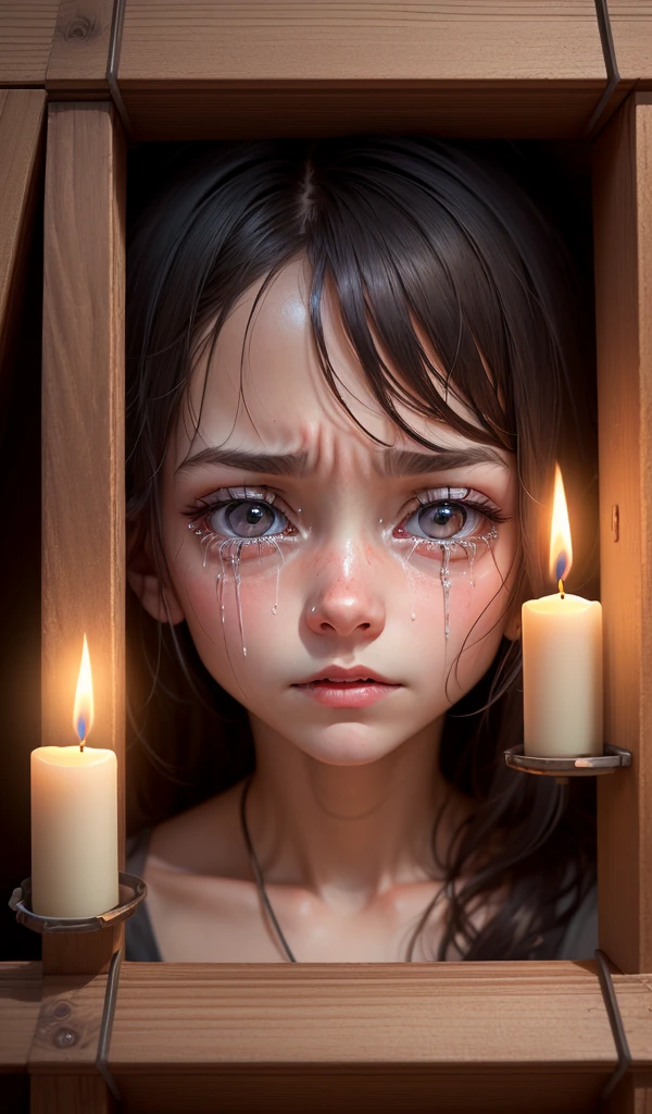 (anime, digital paint, 1 young girl crying with determination in her eyes, plotting escape, old wooden cage, shadowy corners, flickering candlelight highlighting her resolved expression, dark and twisted interior of the candy house, a mix of fear and hope)