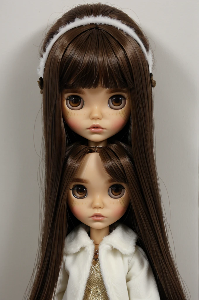 Blythe doll with brown hair brown eyes white fur and straight hair