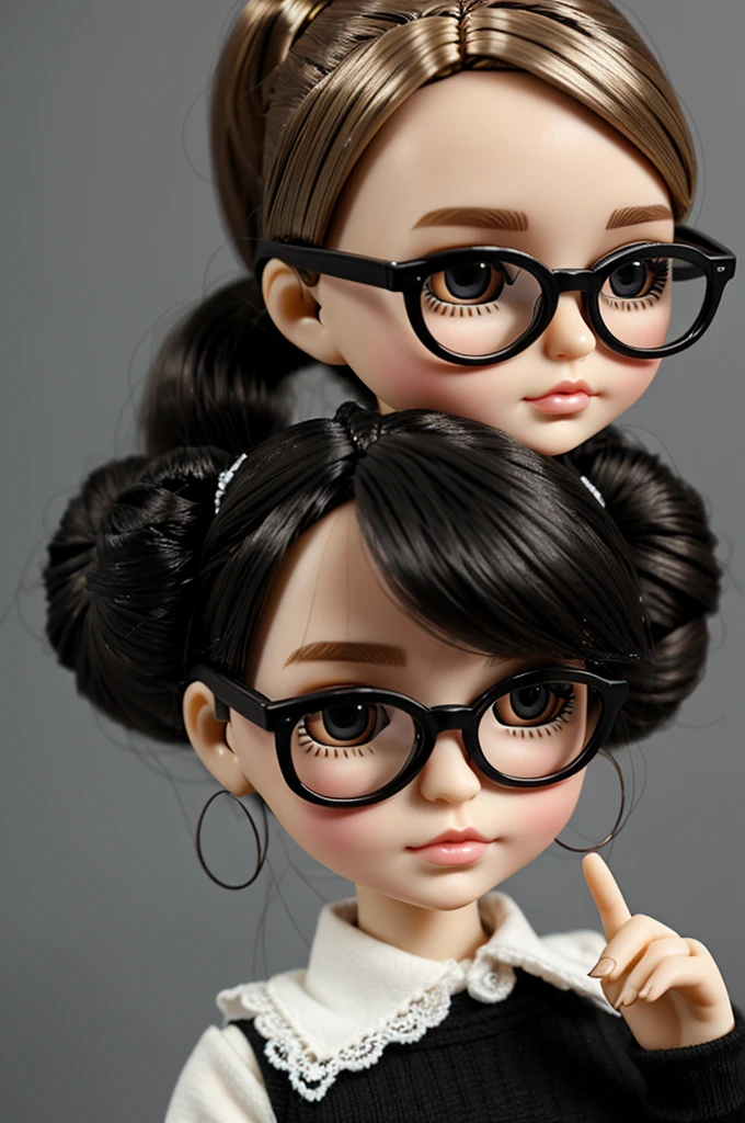 Blythe doll with black hair who wears glasses