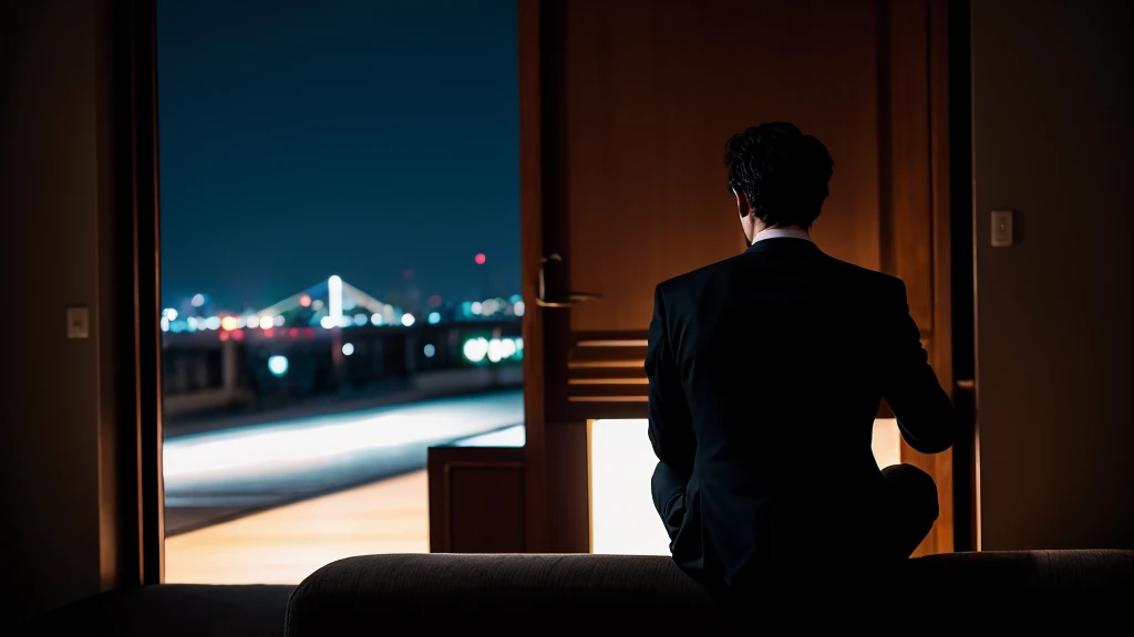 Devil in a tuxedo in a dark room, Sitting and laughing. Back view from afar.