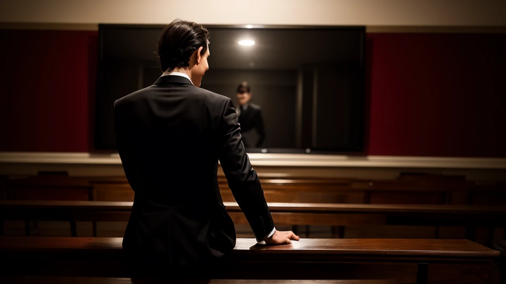 Devil in a tuxedo in a dark room, Sitting and laughing. Back view from afar.