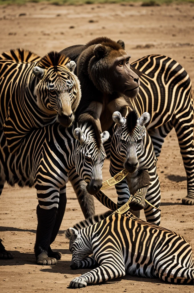 A monkey, with a zebra and a bear they celebrate that their friend the jaguar won a medal 