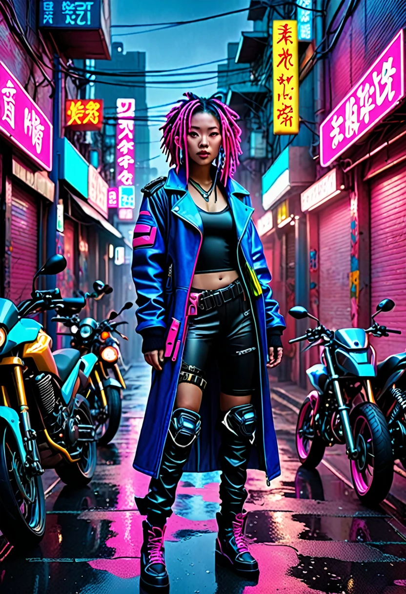 a cyberpunk asian girl neon blue and pink dreadlock hair in a blue leather outfit. She cradles a small koala in her arms, a protection from the cold night air. She stands defiantly in an alley full of signs and motorcycles raining down on the city. Casting sharp shadows, the neon lights create a vivid contrast to the dimly lit surroundings. Epic, cinematic and dramatic atmosphere, further accentuated by stunning matte painting.3D digital graphic, photorealistic, ultrarealistic, 32K, 18K, HD, HDR, UHDR fashion, vibrant, dark fantasy, painting, illustration, cinema