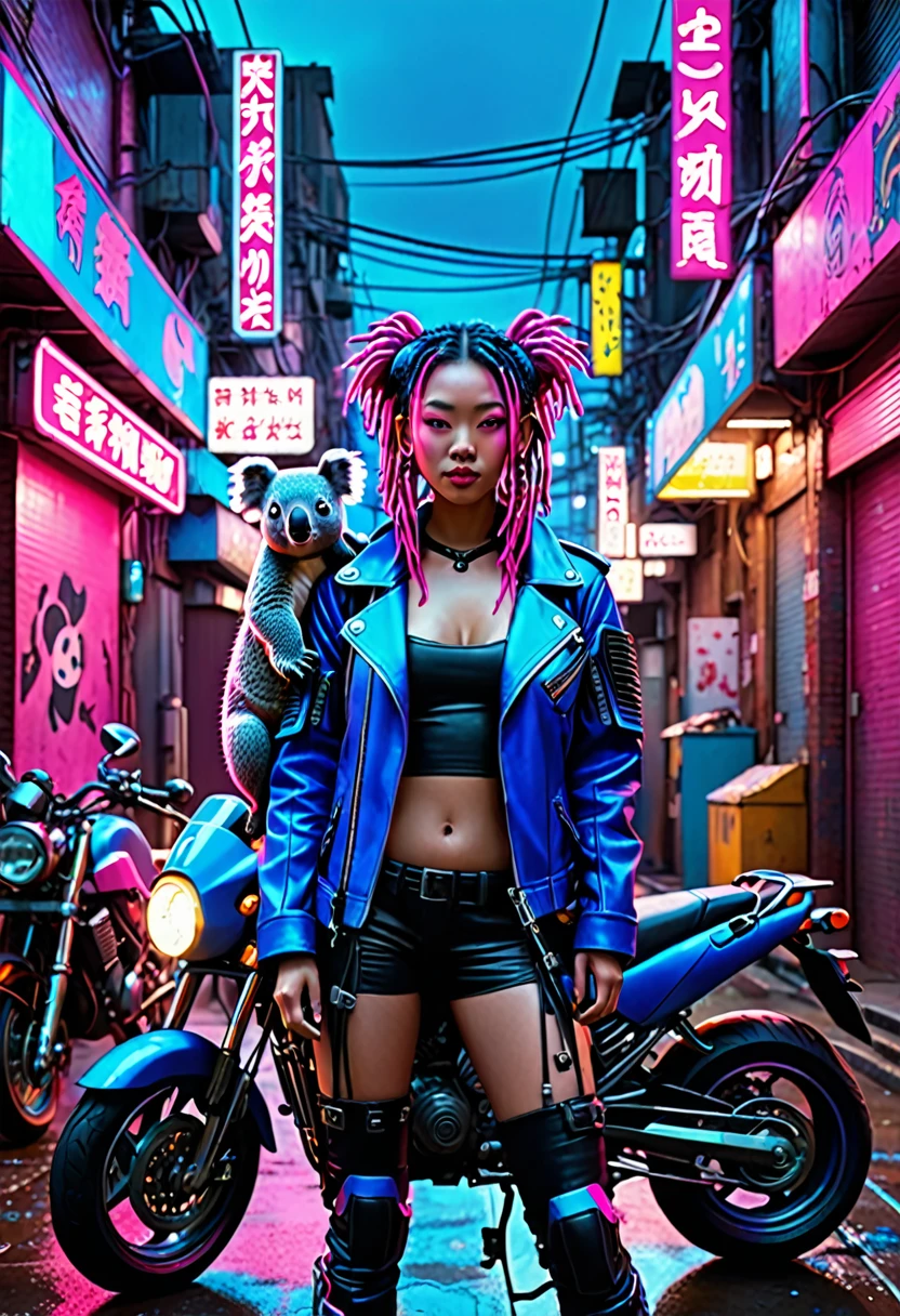 a cyberpunk asian girl neon blue and pink dreadlock hair in a blue leather outfit. She cradles a small koala in her arms, a protection from the cold night air. She stands defiantly in an alley full of signs and motorcycles raining down on the city. Casting sharp shadows, the neon lights create a vivid contrast to the dimly lit surroundings. Epic, cinematic and dramatic atmosphere, further accentuated by stunning matte painting.3D digital graphic, photorealistic, ultrarealistic, 32K, 18K, HD, HDR, UHDR fashion, vibrant, dark fantasy, painting, illustration, cinema