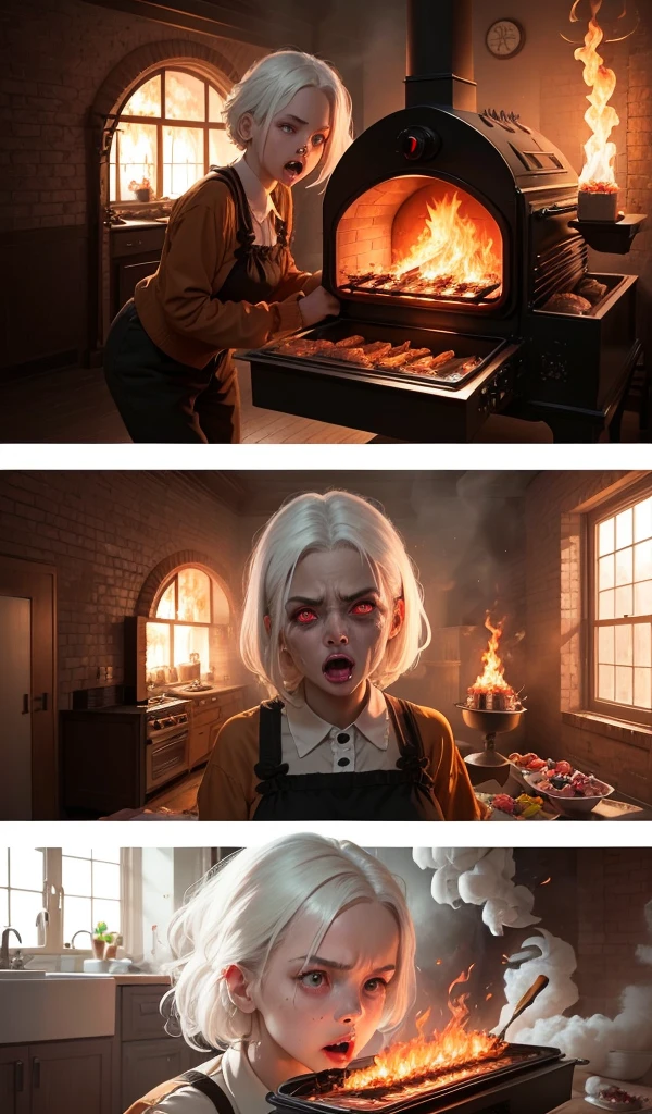 (anime, digital paint, 1 young girl pushing the evil and creepy old woman with white hair and red eyes into the oven flames, intense and dramatic scene, flames and smoke billowing out, dark and twisted interior of the candy house, the evil and creepy old woman’s shocked face, walls made of gingerbread and candy, sweets and treats all around, moment of triumph and tension)