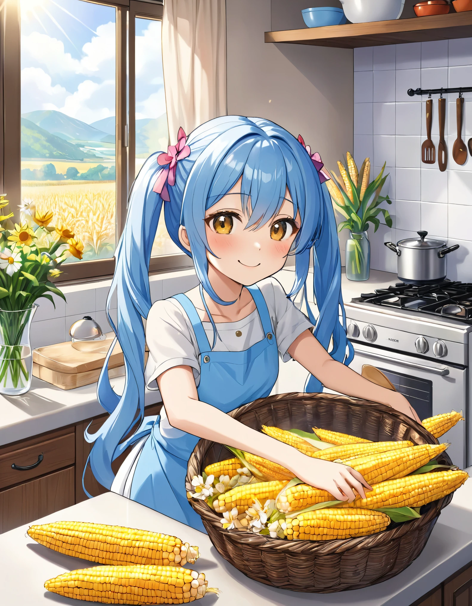 A kitchen decorated with lots of margaret flowers、Corn is piled in a basket、Light blue long hair、Beautiful girl with twin tails、Smiling while roasting corn、The girl has corn、Kitchen bathed in morning sun、A kitchen full of flowers