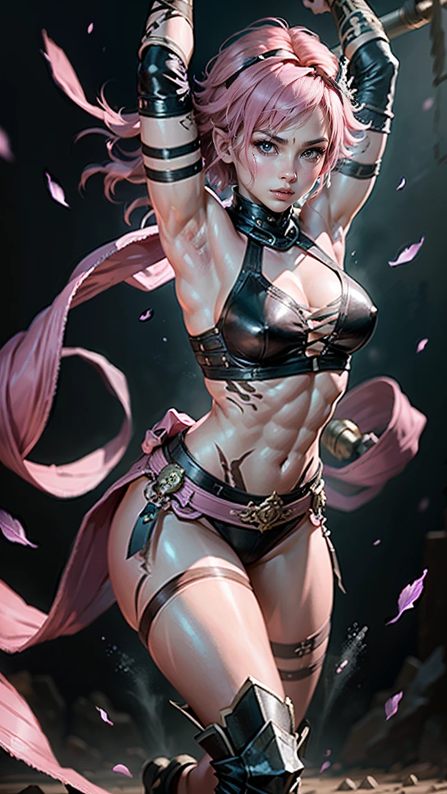 ((Highest quality、masterpiece、8K、Realistic、超High resolution:1.3、Very delicate and beautiful、High resolution))、Cinema Lighting、medium range shooting、Portraiture、Perfect female body、Opposition、Looking at the audience、((Fighter from another world、Toned Muscles、A well-trained body、Brown Skin、Sharp Eyes、(short pink hair:1.3)、Combat Bandana))、Ancient Tattoos、Strong Fist、Leather fighting gloves、Battle Scars、Light combat uniform、Agile movement、Ready to Battle、Powerful kick、Sturdy boots、Ancient techniques、Otherworldly background、A dusty arena、Sharp Claws、Battle Focus、Strong posture、Well-trained abs、Glowing Accessories、Warrior Nobility、Ancient Talisman、Combat Experience、Mysterious Aura、Ready for battle、Combining strength and skill、Hot fighting spirit。