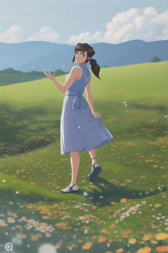 Korra, the Avatar and master of all four elements, depicted in a casual and relaxed pose wearing a sundress. The sundress should be colorful and vibrant, with a natural and flowing design that complements Korra's figure. The image should show Korra interacting with the environment, such as enjoying a sunny day or spending time with friends. The lighting should be natural and atmospheric, and the overall aesthetic should be peaceful and serene. The image should be rendered in a realistic style, using vibrant and lifelike colors and highly detailed textures. The composition should be dynamic and engaging, with the environment serving as the backdrop for Korra's casual and relaxed pose.