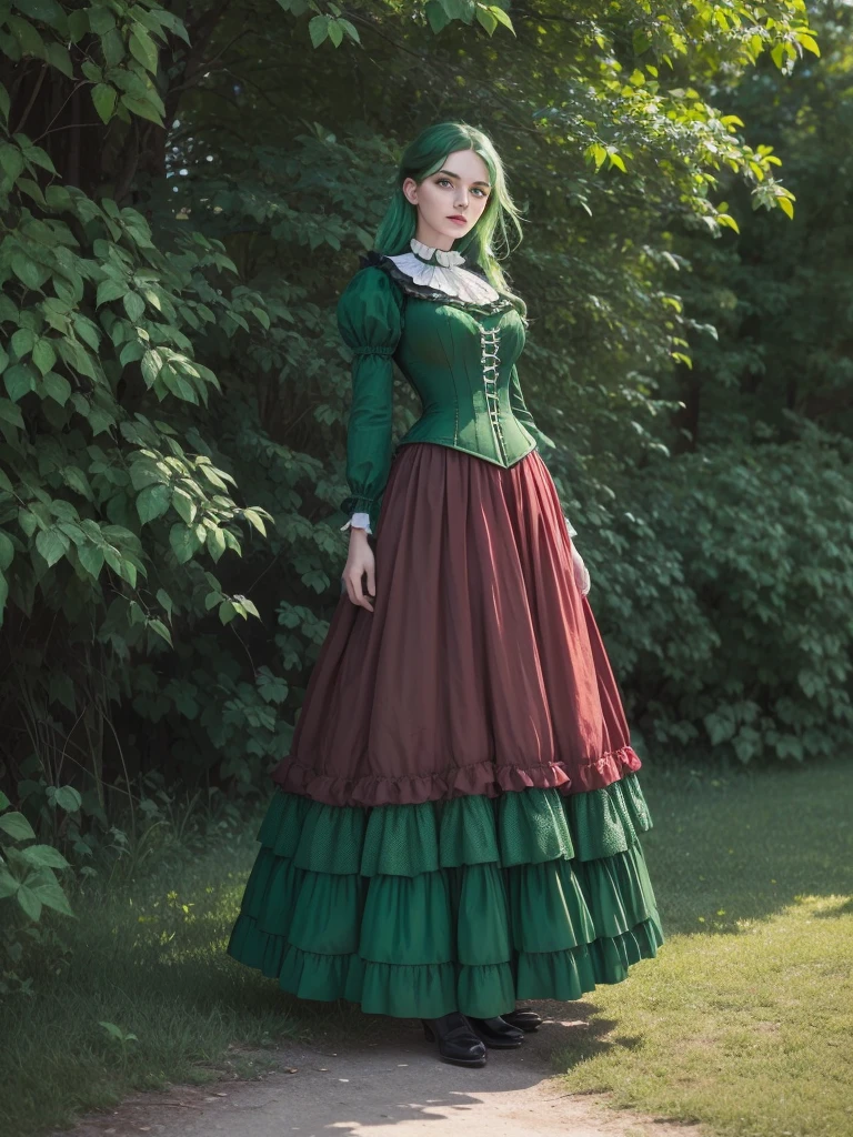 [best quality,highres:1.2],Ultra-detail,(realisti:1.37),(mid day),(Vivid colors, rich colors:1.1) female orphan, large , [quite detailed face:(1.1)],long [red curly hair, detailed curls:1.1], (emerald green eyes:1.3), Go to [Cobblestones, detailed Cobblestones:1.1],Day scene,(nostalgic mood),Stock photo, Beautiful red and green Victorian, detailed corset, [detailed clothing: 1.1],[detailed surroundings:1.1],[Shore of a beautiful mountain lake, [mysterious atmosphere:1.1], (Full body image:1.6), (In Duotone [red and green]:1.6).