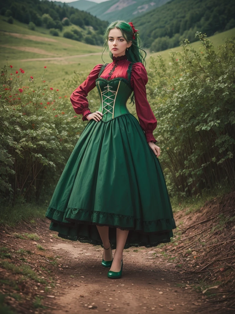 [best quality,highres:1.2],Ultra-detail,(realisti:1.37),(mid day),(Vivid colors, rich colors:1.1) female orphan, large , [quite detailed face:(1.1)],long [red curly hair, detailed curls:1.1], (emerald green eyes:1.3), Go to [Cobblestones, detailed Cobblestones:1.1],Day scene,(nostalgic mood),Stock photo, Beautiful red and green Victorian, detailed corset, [detailed clothing: 1.1],[detailed surroundings:1.1],[Shore of a beautiful mountain lake, [mysterious atmosphere:1.1], (Full body image:1.6), (In Duotone [red and green]:1.6).