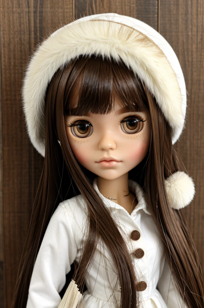 Blythe doll with brown hair brown eyes white fur and straight hair.