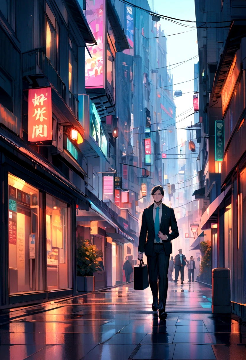 A businessman walking along a city street