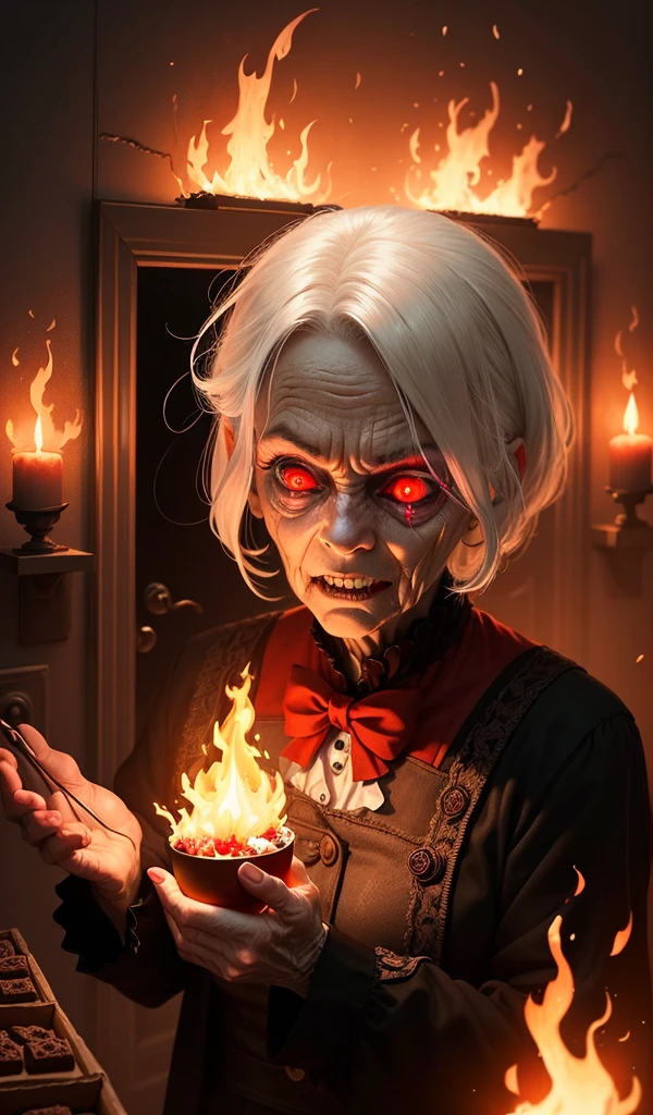 (anime, digital paint, 1 sinister and creepy old woman with white hair and red eyes, burning in flames, vibrant flames defeating the evil force, dark and twisted interior of the candy house, ominous atmosphere with fire lighting, walls made of gingerbread and candy, sweets and treats all around)
