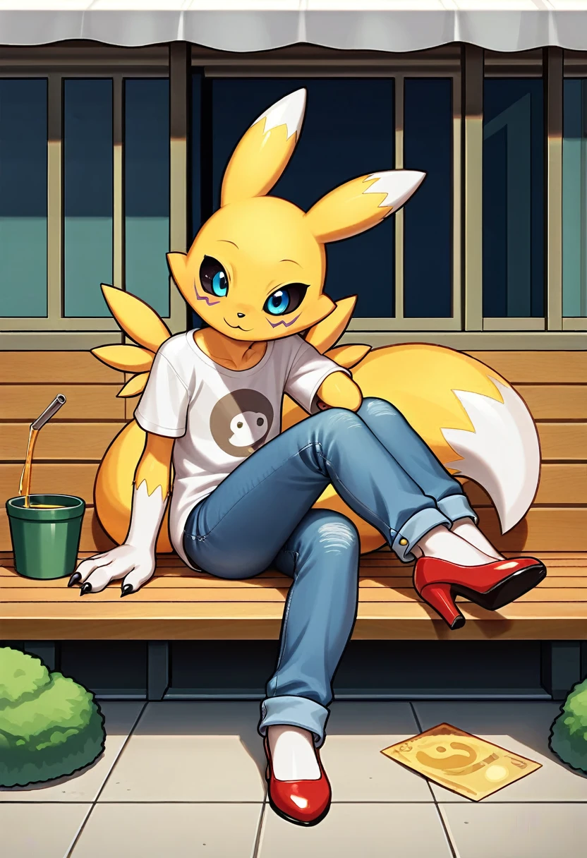 rest, src_Japanese cartoons, Endless, Official Art, masterpiece, 1 Girl, renamon (Digimon), anthropology, cute的,very younger, young, , Uncensored, Oversized T-shirt, big jeans, Red high heels,Sexy, Honey, prostitute, Dagasi, Blink,cute