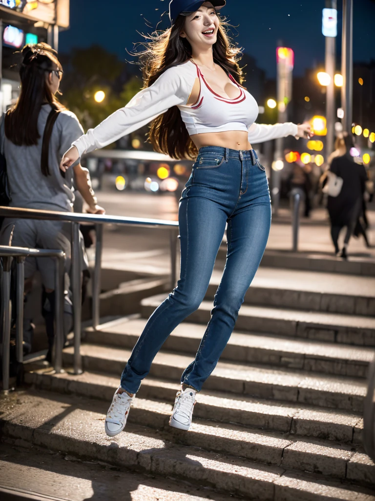 outdoor, (night, city, Osaka:1.2), (bridge, handrail:1.2), (crowd of people:1.3), BREAK baseball cap, raglan sleeves, jeans, sneaker, BREAK full body, (most immense breasts:1.2), sexy body, perfect girl, face details, slim body:2, (laugh, happy:1.2), BREAK (jumping:1.2), (arms up, spread arms:1.1), (dancing:1.3), (from side, from below:1.2),