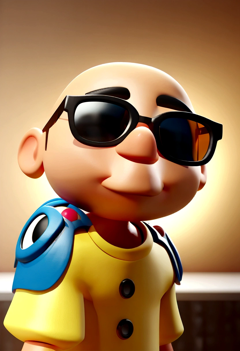 Cartoon character of a man in sunglasses and yellow shirt, animation character, stylized character, animation style rendering, 3d stylized, Arnold Maya rendering, Stylized 3D rendering, toon render screenshot, 3d character, 3d character, Stylized 3D rendering, 3D character rendering, cartoon character, Personagem de close up, character posing, (Pixar-style) (master part:1.2) (bokeh) (best qualityer) (skin detailed) (detailed texture) (8K) (Argilla) (cinematic lighting) (sharp focus