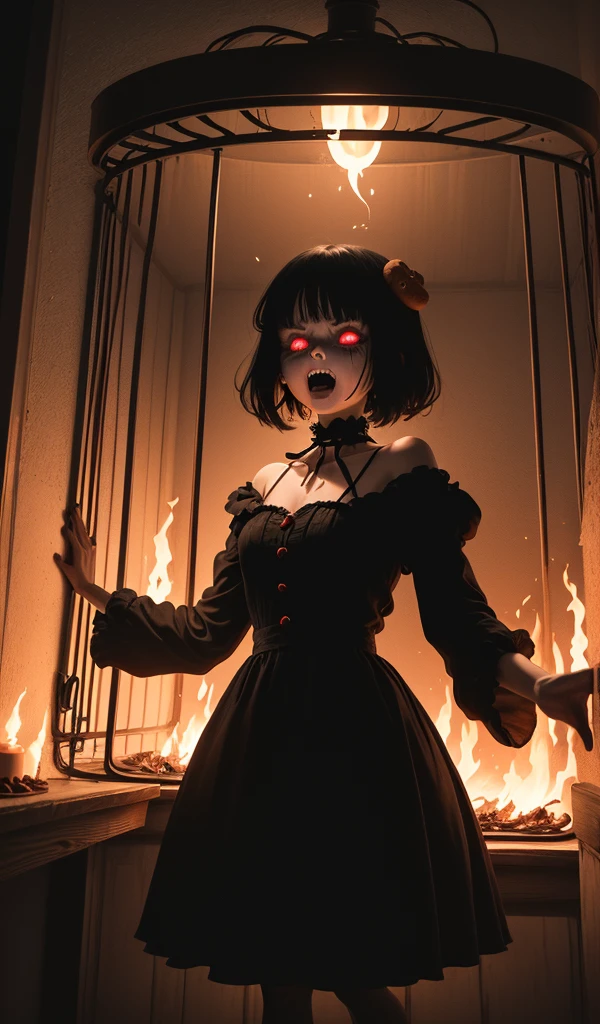 (anime, digital paint, 1 girl freeing 1 boy from a wooden cage, scared expression, evil and scary old woman on fire in the background, fire lighting up the room, dark and twisted interior of the candy house, dark and ominous atmosphere with shadows dancing on the walls, walls made of gingerbread and candy, sweets and treats all around, feeling of imminent danger)