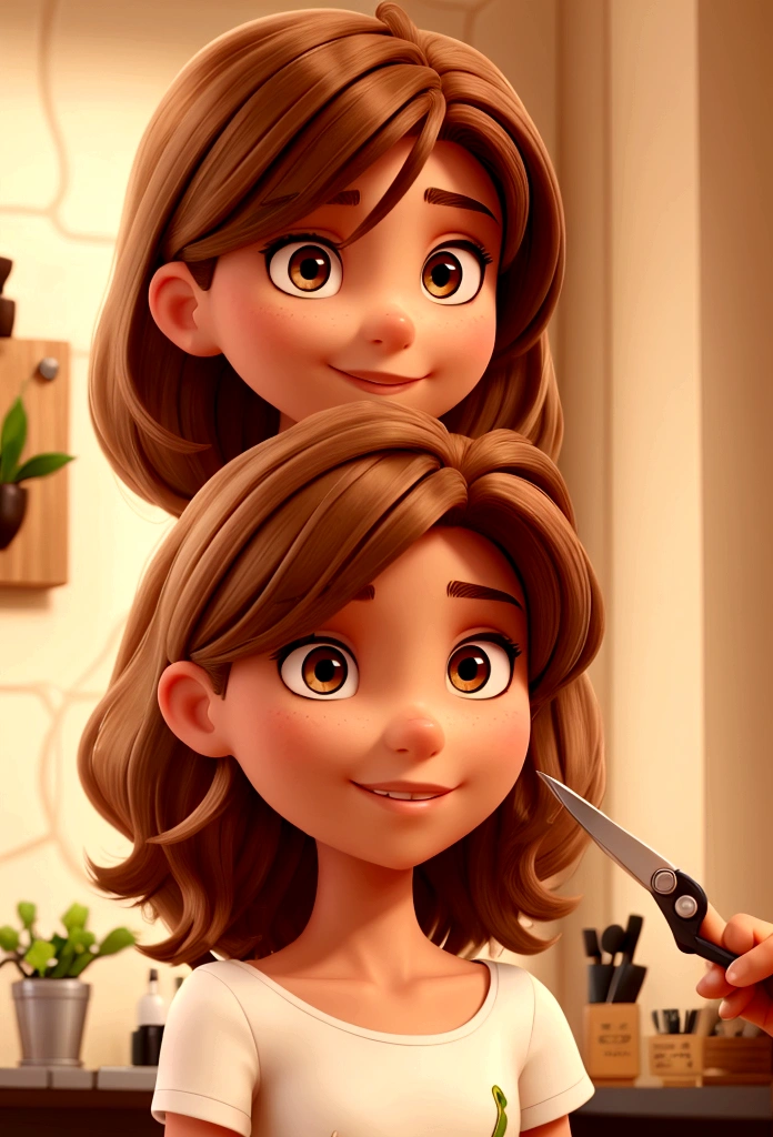 An olive-skinned hairdresser with brown hair showing her hair cutting scissors