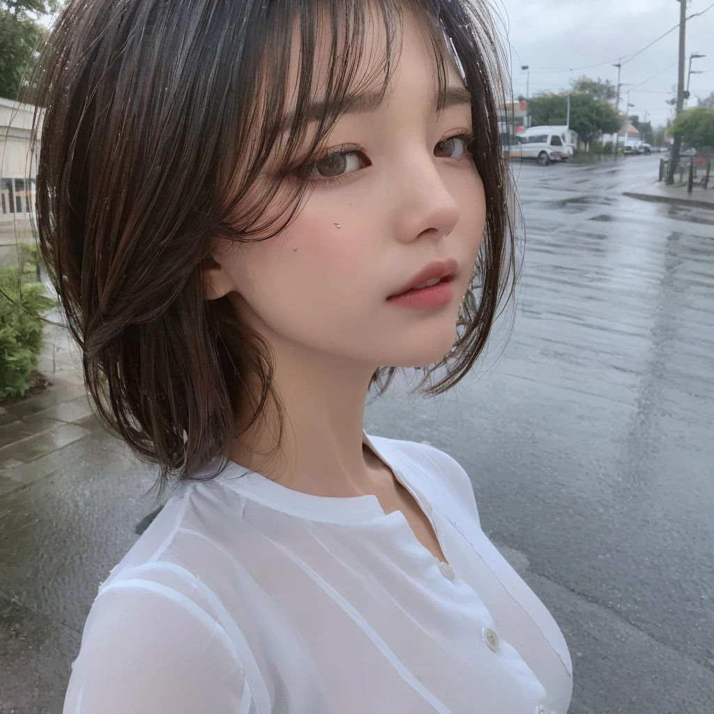 ((Best Quality, 8K, Masterpiece: 1.3)), Sharp: 1.2, Perfect Body Beauty: 1.4, Slim Abs: 1.2, ((Layered Hairstyle, Big Breasts: 1.2)), (Wet White Button Long Shirt: 1.1), (Rain, Street: 1.2), Wet: 1.5, Highly detailed face and skin texture, detailed eyes, side face looking at the camera