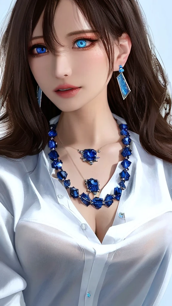 (masterpiece, masterpiece, Highest quality, Ultra-high resolution, 8K resolution, Realistic, Super detailed, Sharp focus, RAW Photos),
One girl,Good move,(Long Hair),(Wavy Hair),(Hair on one eye, necklace, Earrings, Sapphire Eyes, nearly torn white shirt:1.6),(Ahegao),(Glossy sheen々Lips:1.5, blush:0.5),